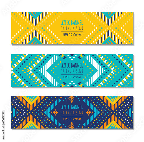 Bright colorful horizontal banner design temlpate set with tribal aztec style ornament. Ethnic background collection. EPS 10 vector website header concept illustration. clipping mask. photo