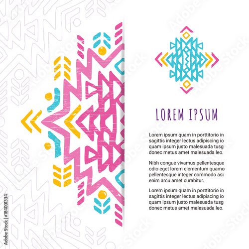 Aztec colorful ornamental card template with grungy texture. American indian leaflet design. Tribal decorative pattern. Ethnic ornate background. Vintage style flyer. EPS 10 vector brochure.