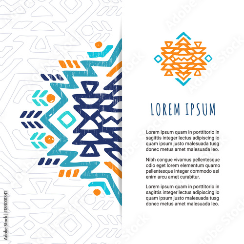 Aztec colorful ornamental card template with grungy texture. American indian leaflet design. Tribal decorative pattern. Ethnic ornate background. Vintage style flyer. EPS 10 vector brochure. 