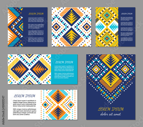Aztec style colorful flyer set. American indian pattern design. Ornamental collection with ethnic motifs. Tribal decorative template. EPS 10 vector concept.