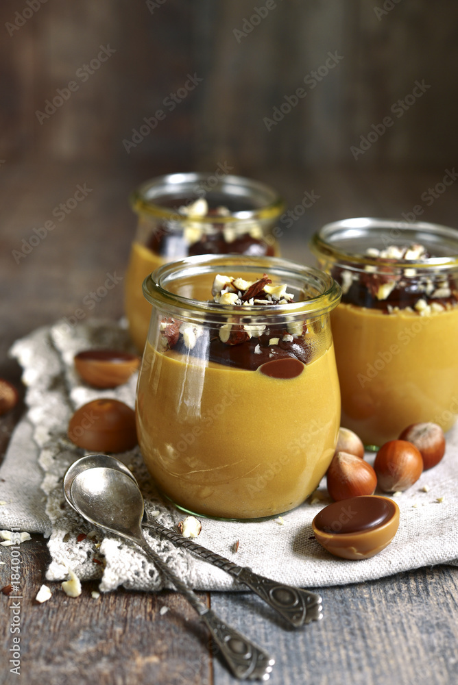 Caramel hazelnut pudding with chocolate. Caramel hazelnut pudding with chocolate.