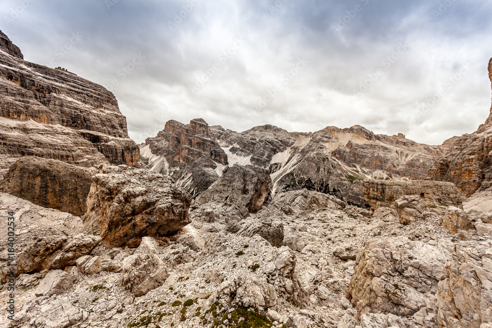 Giant boulders expanse named Masarè, in front of Travenanzes Valley. The boulders was transported by ancient glacier and was theater of fierce fighting in 1915 - 16. Dolomites, Italy
