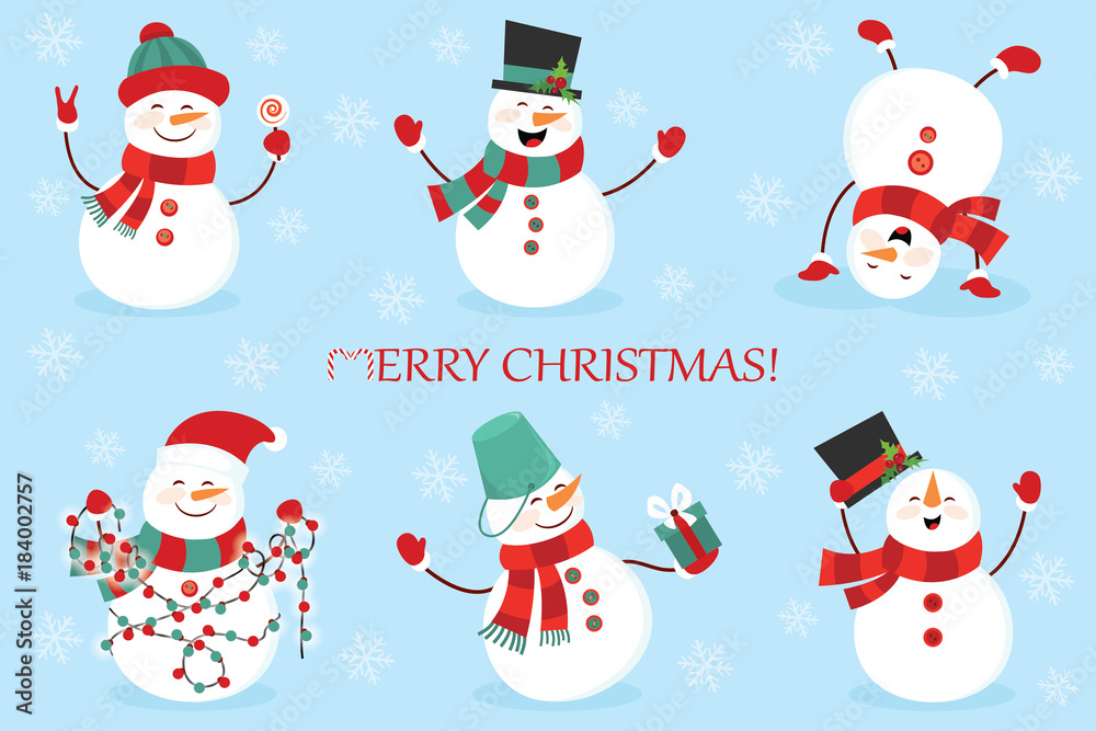 Set of winter holidays snowman. Cheerful snowmen in different costumes. Snowman chef, magician, snowman with candy and gifts