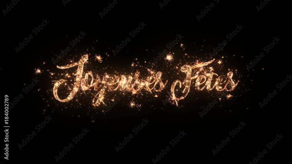 Happy Holidays greeting text in French with particles and sparks on black background, beautiful typography magic design.