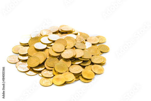 Columns of gold coins  piles of coins on white background