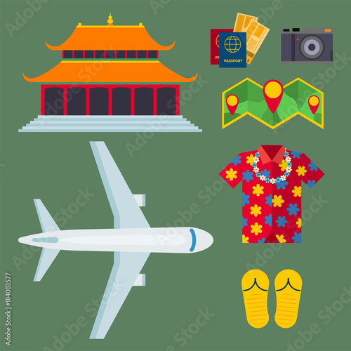 Travel vector icons flat tourism vacation place tourist attractions travelers illustration.