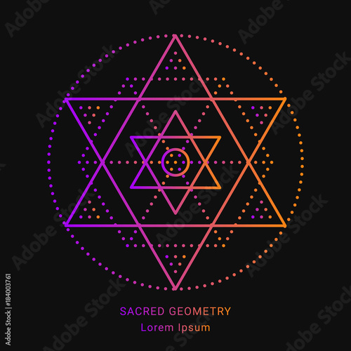 Sacred geometry style symbol. Sacral geometric outline sign. Line art gradient colorful elements. EPS 10 linear design vector illustration.