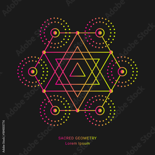 Sacred geometry style symbol. Sacral geometric outline sign. Line art gradient colorful elements. EPS 10 linear design vector illustration.