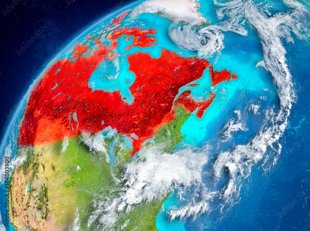Space view of Canada in red