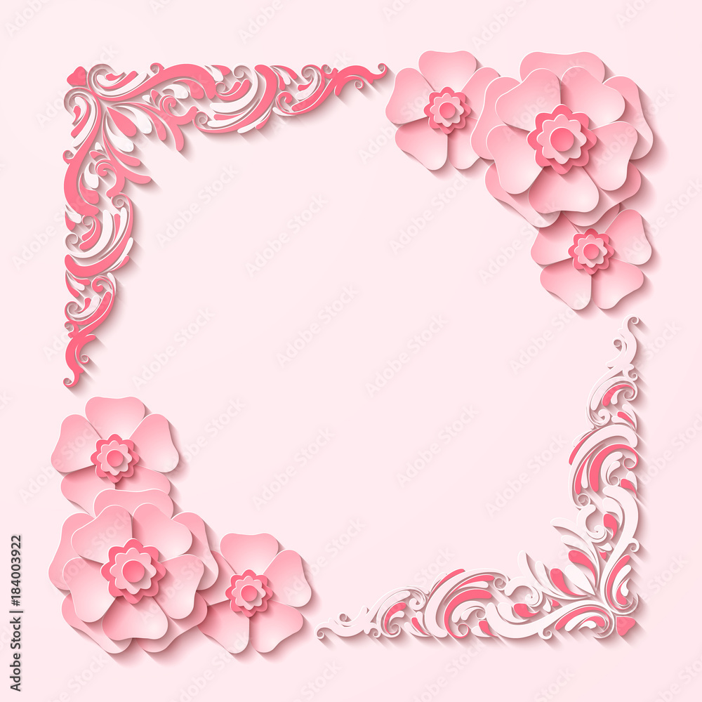 Beautiful vintage square frame with 3d pink paper cut out flowers. Vector illustration