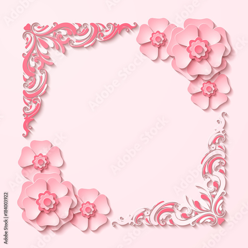 Beautiful vintage square frame with 3d pink paper cut out flowers. Vector illustration