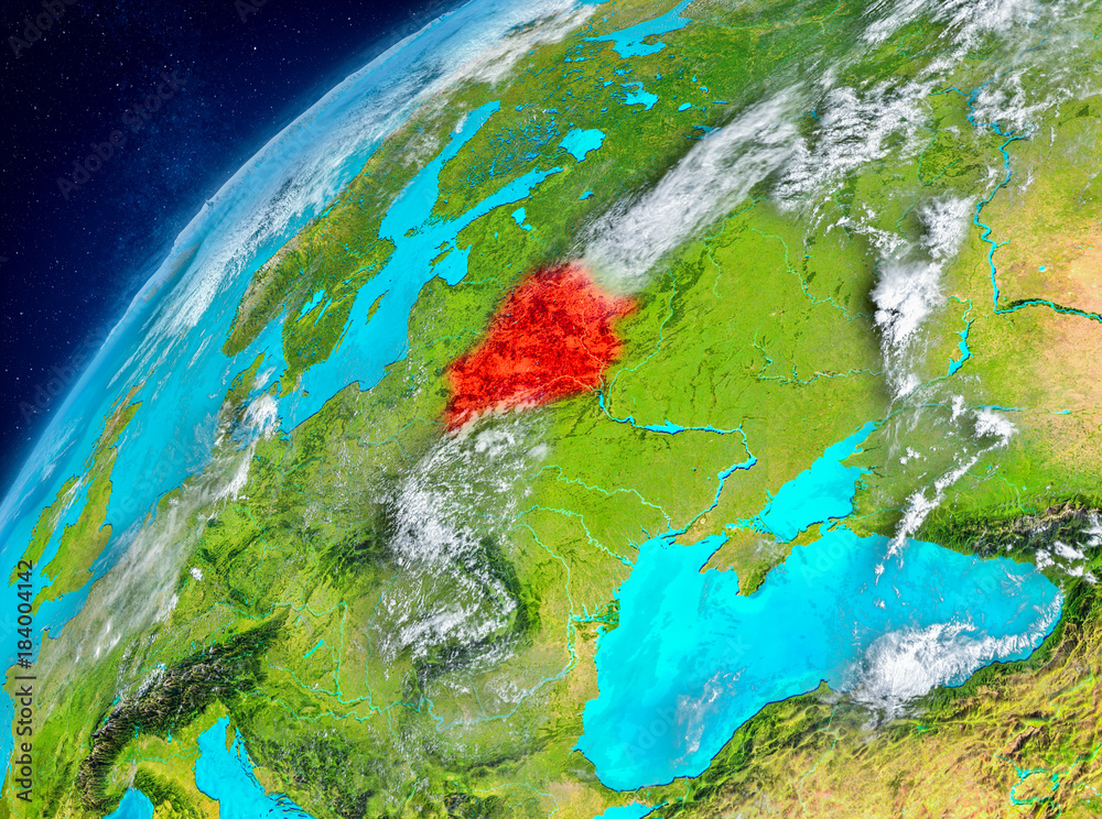 Space view of Belarus in red