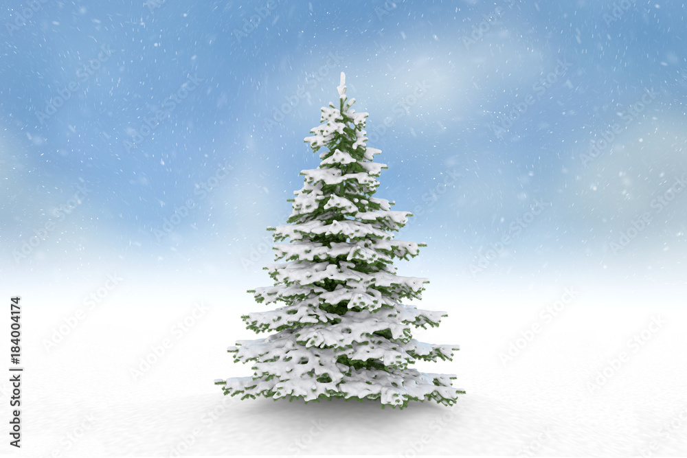 Christmas tree and falling snow blue sky background