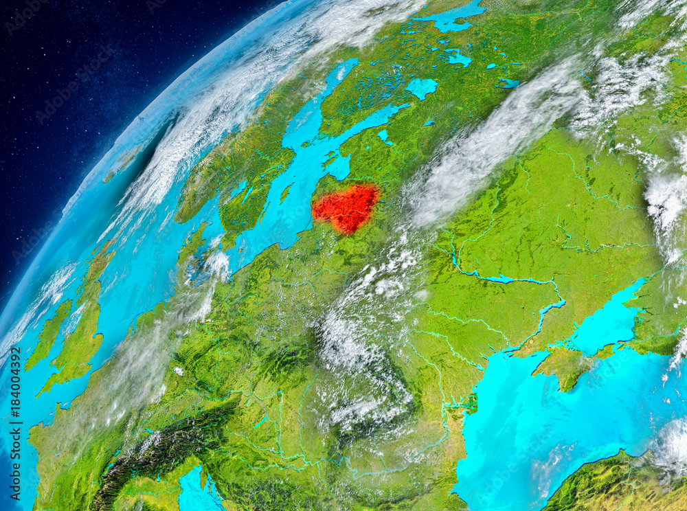 Space view of Lithuania in red