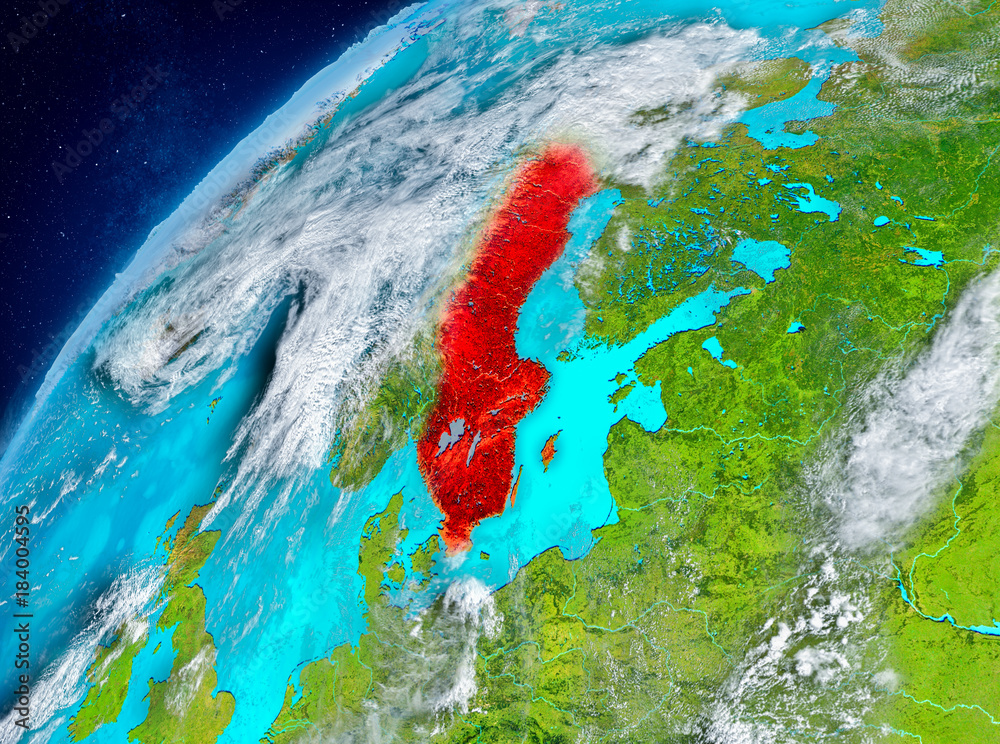 Space view of Sweden in red