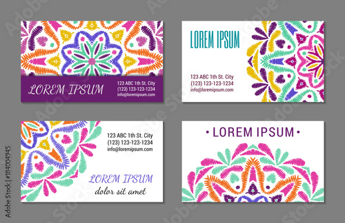 Embroidery style colorful mandala visiting card set. Bright floral ornamental blanks. EPS 10 vector concept illustration. Clipping masks.