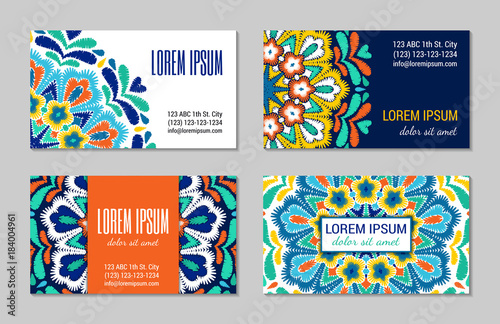 Embroidery style colorful mandala visiting card set. Bright floral ornamental blanks. EPS 10 vector concept illustration. Clipping masks.