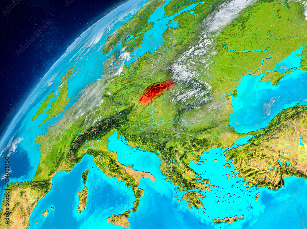Space view of Slovakia in red