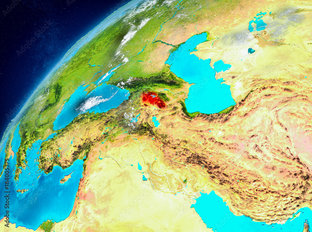 Space view of Armenia in red