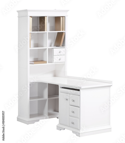 Home white wooden workstation (desk and bookcase), with clipping path