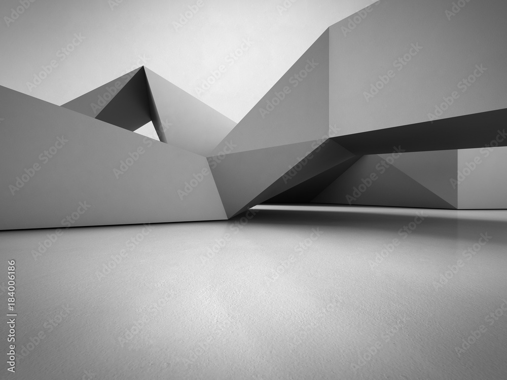 Geometric shapes structure on concrete floor with empty gray wall ...