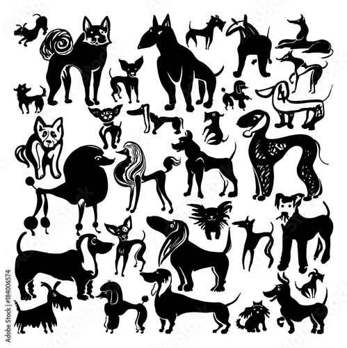 Set of vector Dogs. Ink doodle doggies. Hand drawn silhouettes.