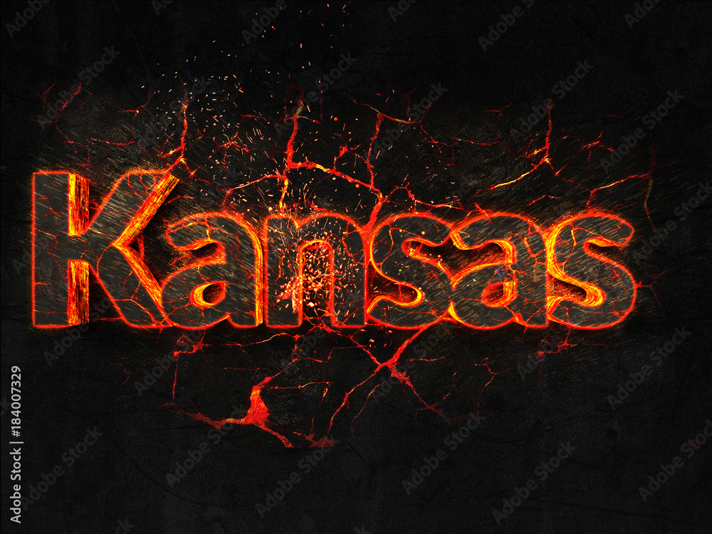Kansas  Fire text flame burning hot lava explosion background.