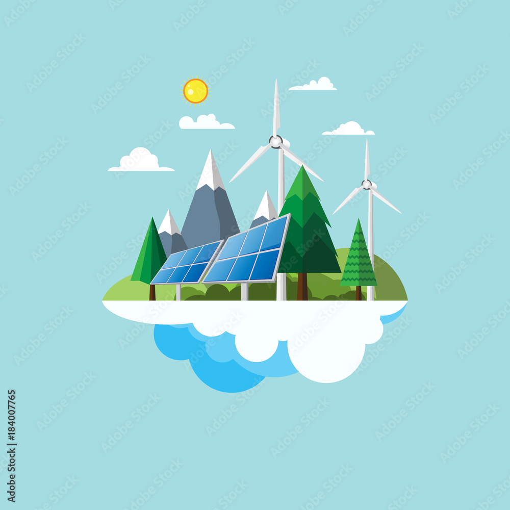 Eco friendly and nature landscape concept flat design with renewable energy and environment conservation concept design.Vector illustration.