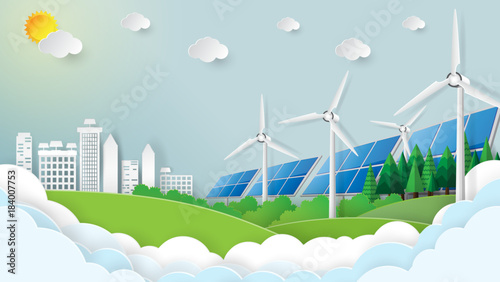 Nature landscape and green city.Save the world and environment concept.Paper art style.Vector illustration.