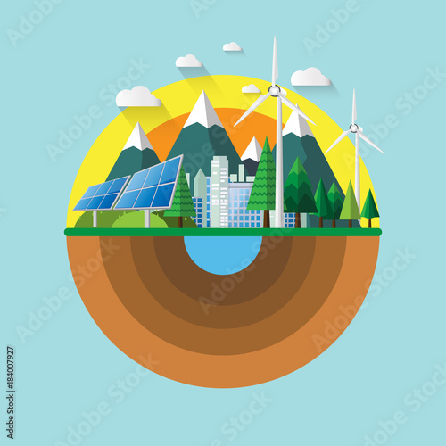 Nature landscape flat design.Eco friendly and renewable energy environment conservation for green city.Vector illustration.