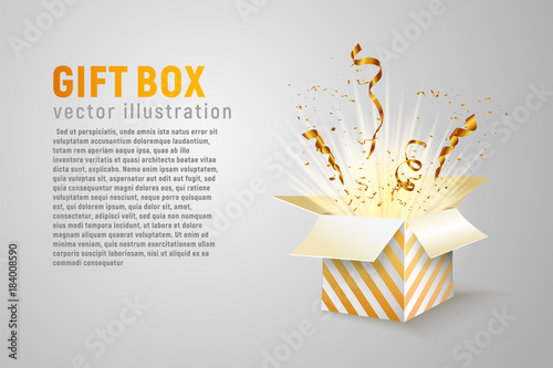 Isolated open box with gold ribbons and confetti splash on white background. Holidays vector illustration with empty space for text