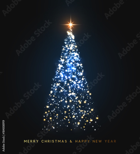 Sparkle magic xmas tree light. Greeting card Merry Christmas and Happy New Year. Vector illustration