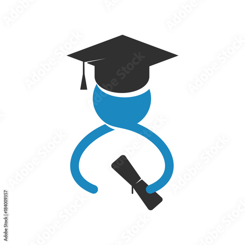Silhouette of student in graduate cap with diploma in hand. Logo of studiyng. Vector illustration