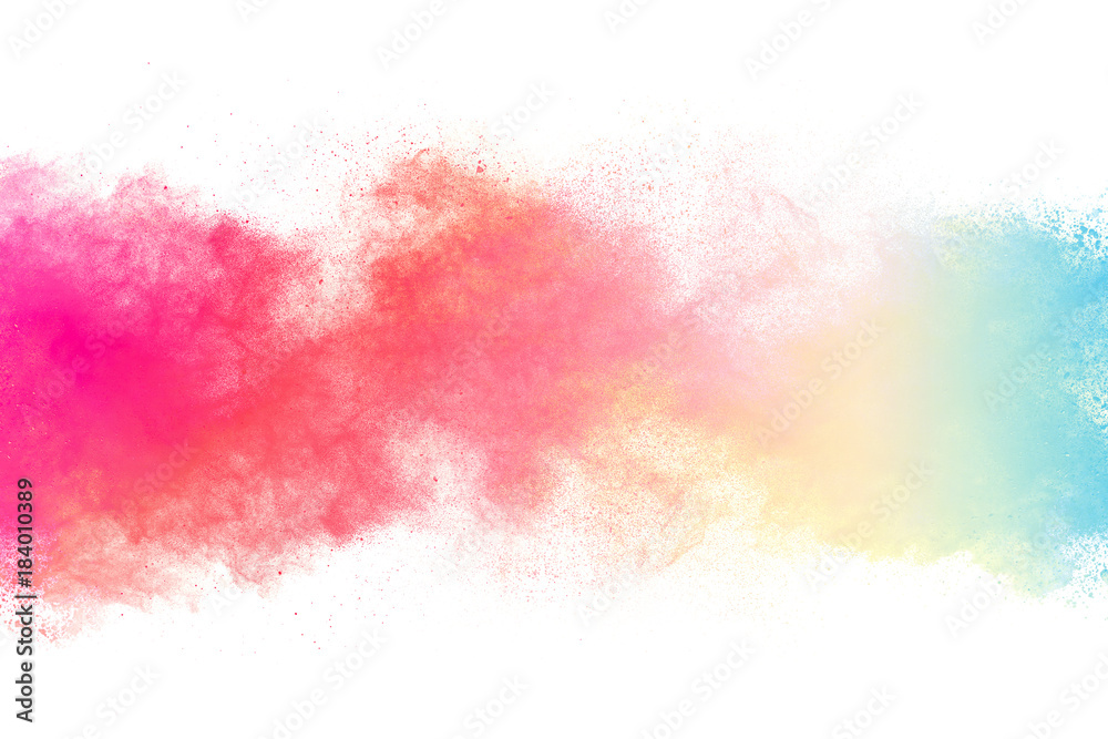 Multicolor powder explosion on white background. Colored cloud. Colorful dust explode. Paint Holi.