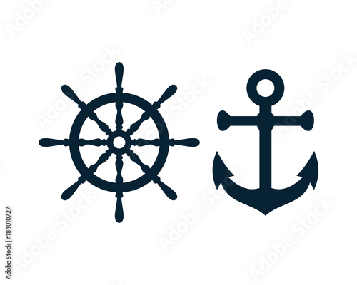 Ship and Boat Helm Steering Wheel and Ancor Illustration Logo Symbol