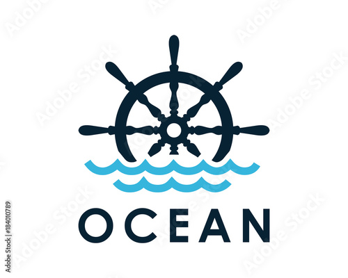 Ship and Boat Helm Steering Wheel on The Wave Water Ocean Logo Symbol