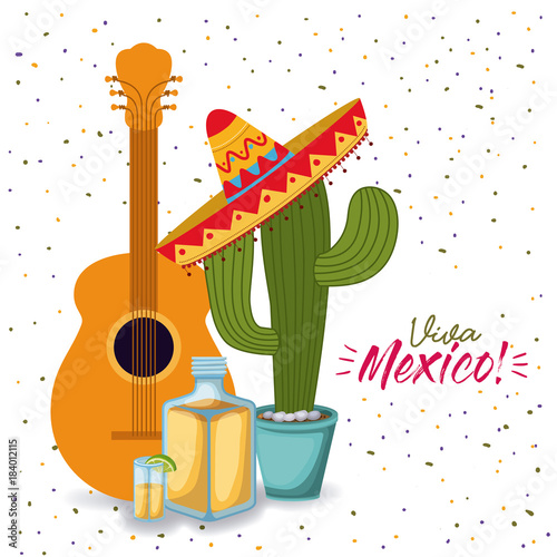 viva mexico colorful poster with guitar tequila and cactus plant with mexican hat vector illustration