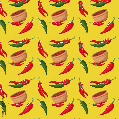 chili peppers and bowl pattern in yellow background vector illustration