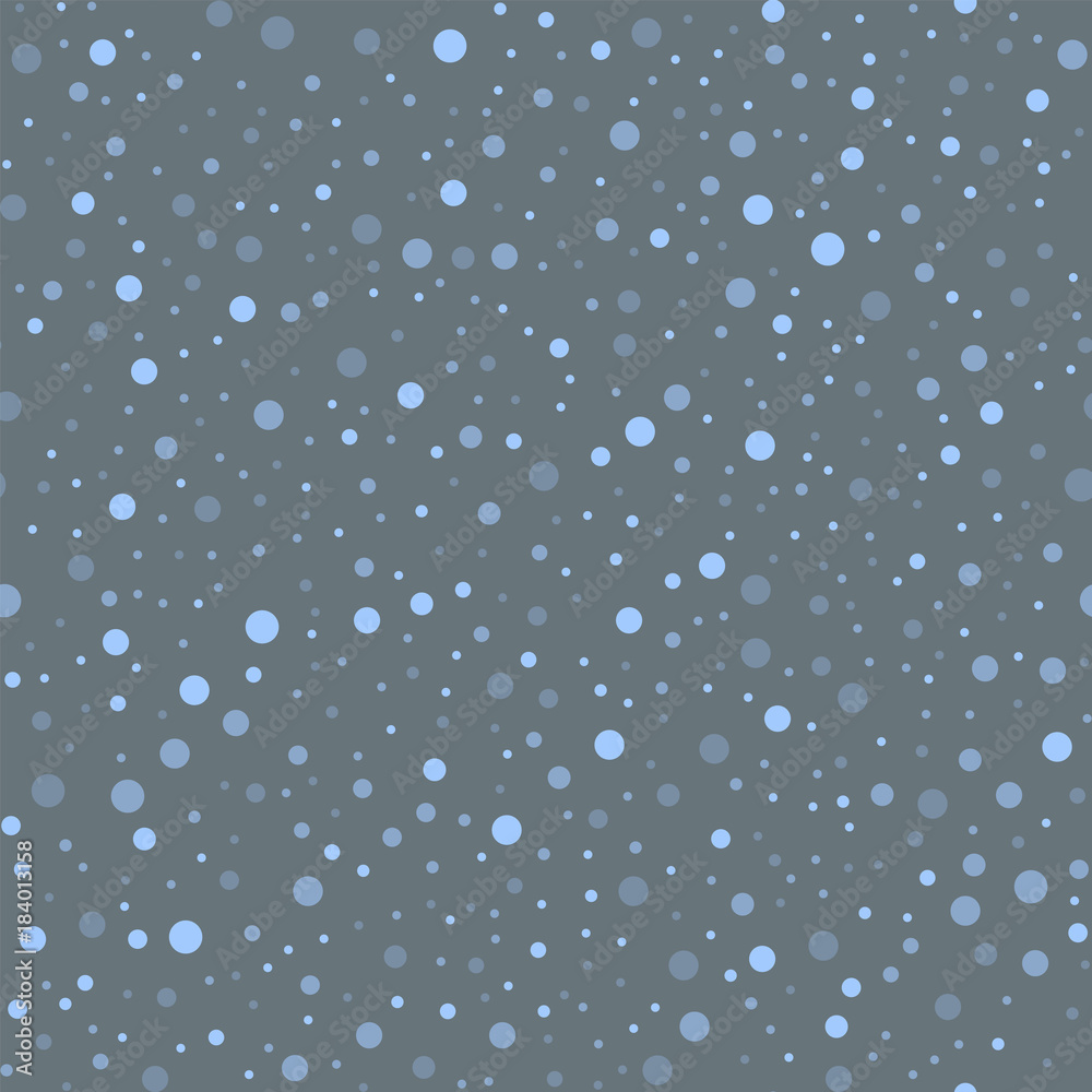 Blue polka dots seamless pattern on grey background. Marvelous classic blue polka dots textile pattern in restrained colours. Seamless scattered confetti fall chaotic decor. Vector illustration.