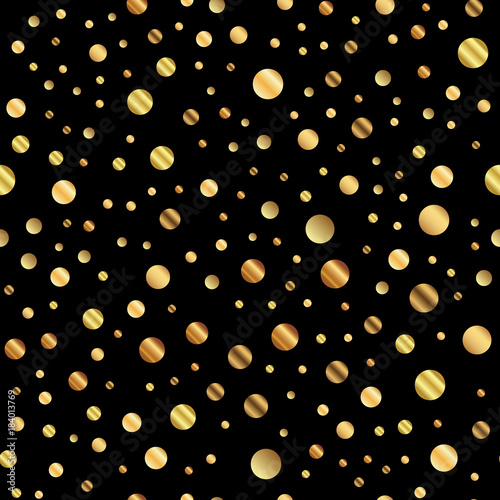 Golden dots seamless pattern on black background. Charming gradient golden dots endless random scattered confetti on black background. Confetti fall chaotic decor. Modern creative pattern.