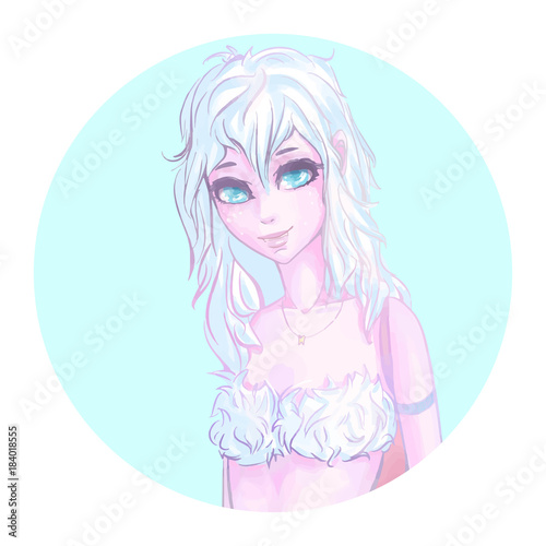 Funny monster girl. Cartoon character. Yeti girl. Illustration of a cute yeti. Art creation. Web icon. Print for polygraphy, posters and textiles