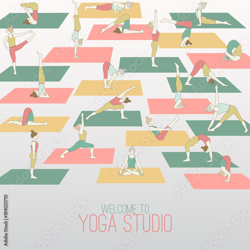 Yoga studio. Women practice yoga poses in the class. Bright colors.