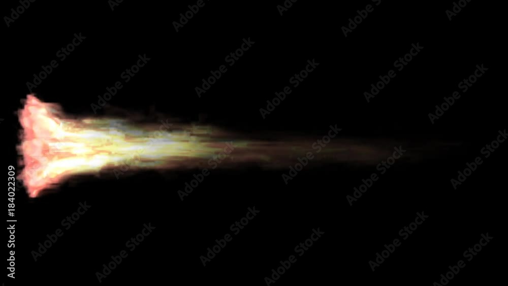 Animated realistic exhaust flame of rocket, jet engine or other propulsion burning solid fuel. Isolated on black background, mask included.