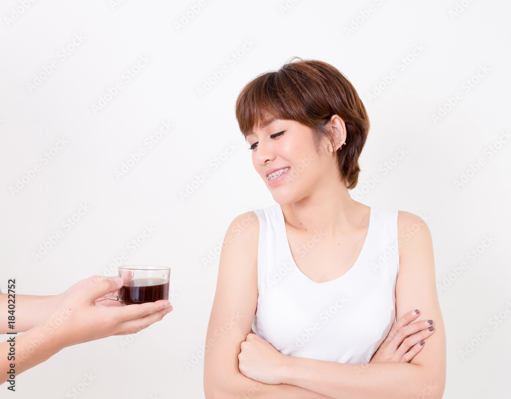 Barista giving cup of coffee to young asia woman. . Isolated on white background. Studio lighting. Concept for healthy. Barista giving cup of coffee to young asia woman. . Isolated on white background. Studio lighting. Concept for healthy.