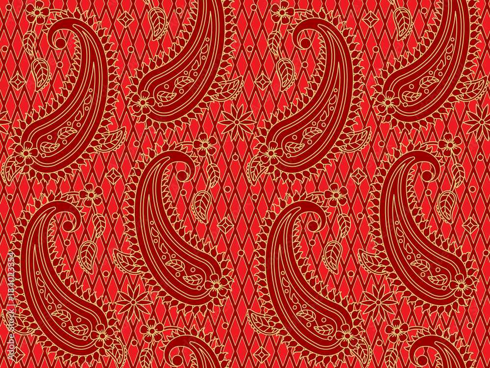 Seamless (you see two tiles) red and gold paisley pattern, print, swatch, background or wallpaper, suitable for holiday, celebrations, Christmas designs and projects
