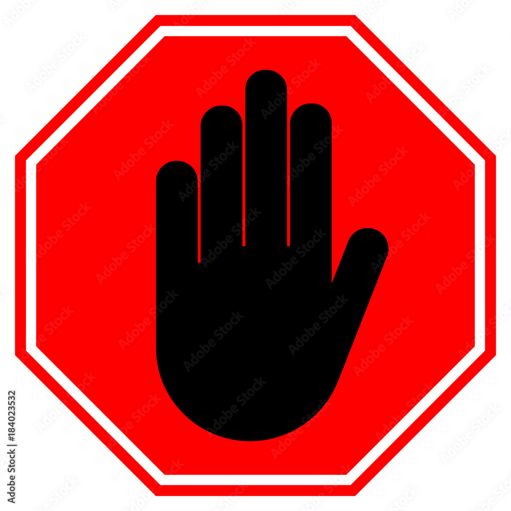 Stop Hand Sign. No Entry Gesture In Red Octagon. Vector Icon. Stock 