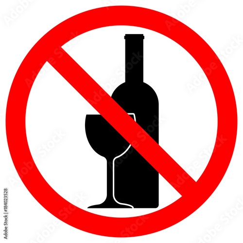 ALCOHOL FREE ZONE sign. Wine bottle and glass icons in crossed out red circle. Vector.