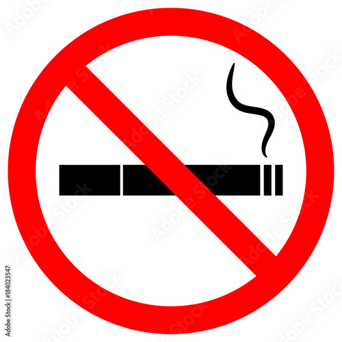 NO SMOKING sign. Cigarette icon with filter and smoke in red crossed out circle. Vector.