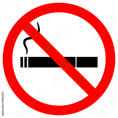 NO SMOKING sign. Cigarette icon with filter and smoke in crossed out red circle. Vector.