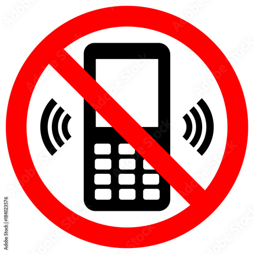 NO CELL PHONES sign. Button mobile phone icon in red crossed out circle. Vector.